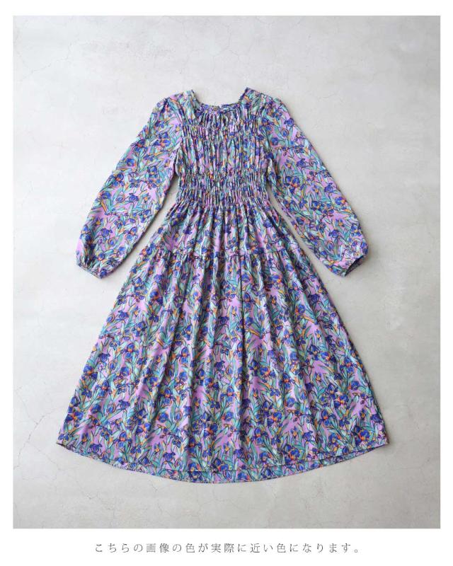再入荷9月5日 鮮やかに描いた花のシャーリングミディアムワンピース