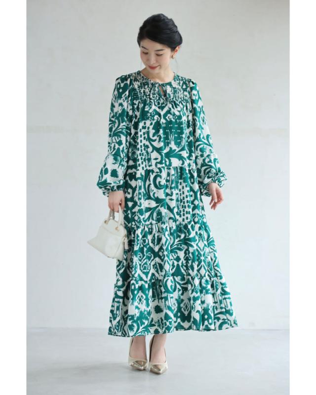 再入荷9月5日 民族調アートのティアードロングワンピース cawaii