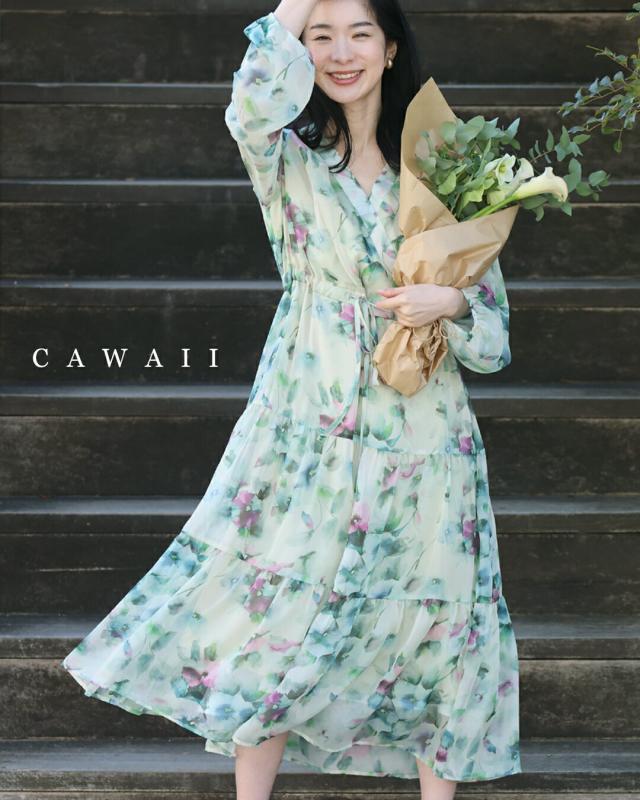 再入荷5月14日 春風に舞うロマンティックなフラワーティアードワンピース cawaii w61169ps M~L/2L~3L対応 シアー 長袖 ポワン袖 きれいめ 上品 素敵 春 お呼ばれ 総柄 花柄 旅行 女子会 レディース ファッション 大人 ママ ミセス 30代 40代 50代