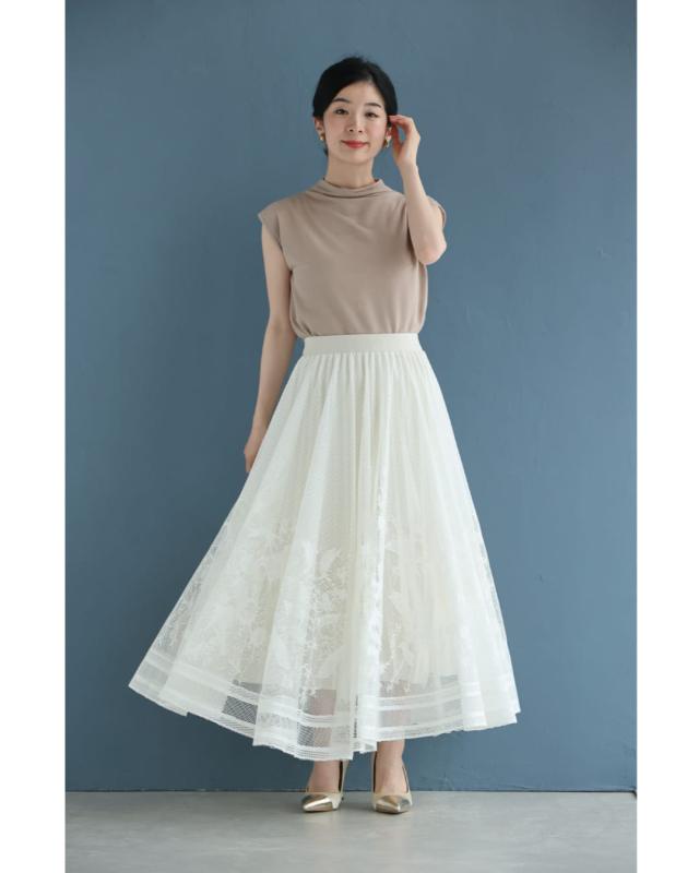 再入荷6月9日 プリーツインナーのたっぷり広がるレースロングスカート