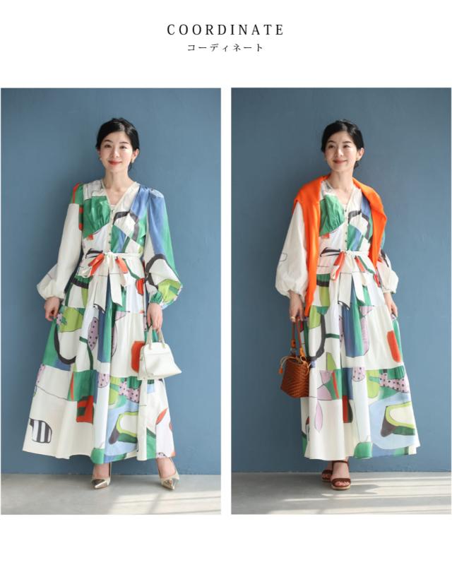 再入荷5月19日 アートなテキスタイルのウエストリボンロングワンピース