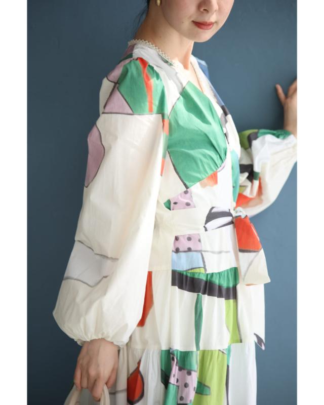 再入荷5月19日 アートなテキスタイルのウエストリボンロングワンピース