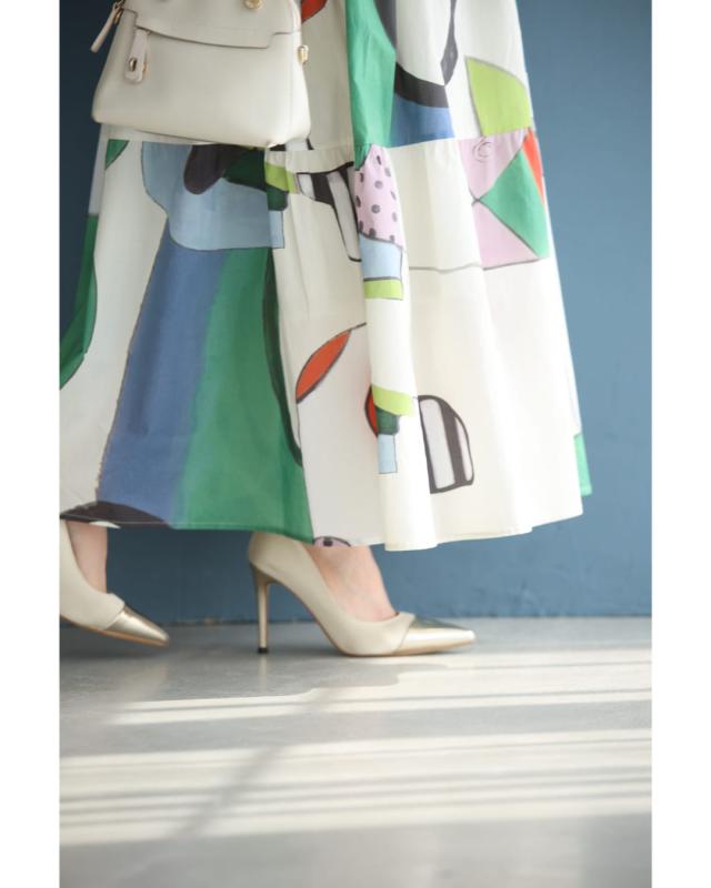 再入荷5月19日 アートなテキスタイルのウエストリボンロングワンピース