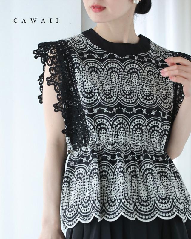 再入荷7月29日 （黒）美しい装飾刺繍のペプラムカットソートップス cawaii w61190ps S~M対応 春 夏 軽やか ブラック 綿 コットン おでかけ 旅行 女子会 買い物 デート イベント レース レディース ファッション 大人 ママ ミセス 30代 40代 50代