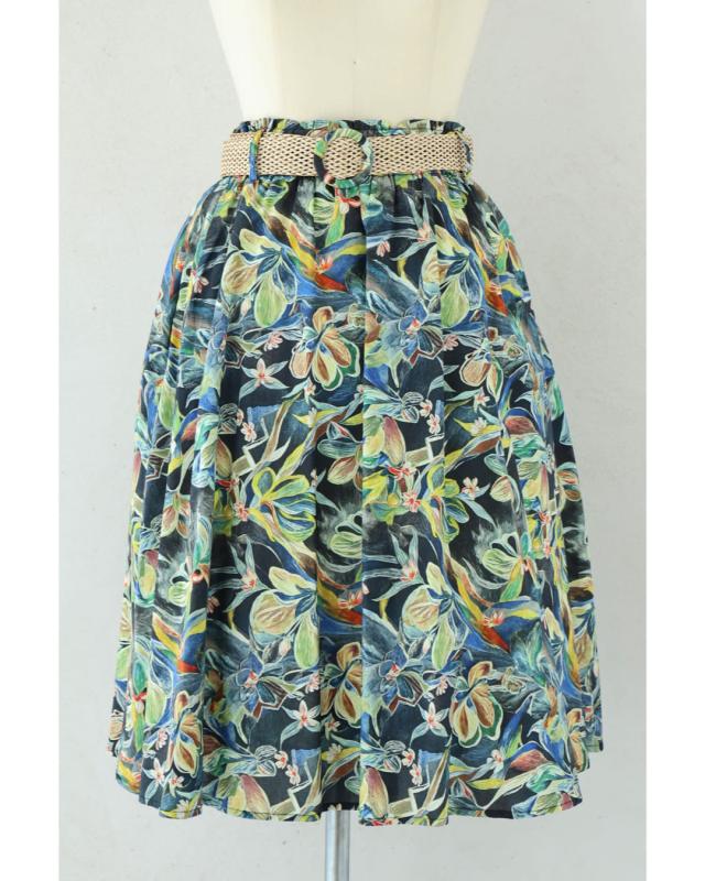 再入荷8月1日 色彩豊かに描くボタニカル柄ミディアムスカート（ベルト付き）cawaii w61194ps S~3L対応 総ゴム ふんわり プリント柄 グリーン オシャレ 個性的 大人可愛い エレガント 上品 春服 春物 夏服 夏物 綿100％ レディース ファッション ミセス 30代 40代 50代 再入荷8月1日 色彩豊かに描くボタニカル柄ミディアムスカート（ベルト