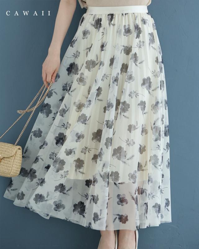 再入荷6月4日 プリーツインナーの花柄チュールミディアムスカート cawaii w61208ps S~3L対応 ベージュ デイリー おでかけ 旅行  微光沢 メッシュ生地 楽ちん 軽量 爽やか 総柄 大人可愛い レディース ファッション 大人 ママ ミセス 30代 40代 50代