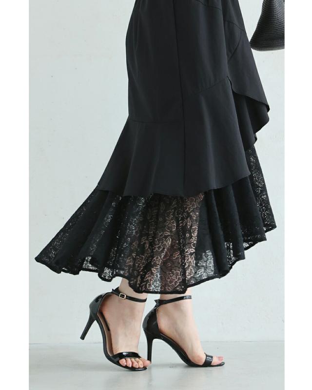 新作5月22日 （黒）ドレープレース揺らめく重なるランダム裾ミディアムスカート cawaii w61221ps S~L対応 ひざ下 変形 春 夏 おでかけ 旅行 パーティー 女子会 デート イベント お呼ばれ 軽やか レディース ファッション 大人 ママ ミセス 30代 40代 50代