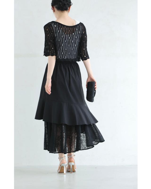 新作5月22日 （黒）ドレープレース揺らめく重なるランダム裾ミディアムスカート cawaii w61221ps S~L対応 ひざ下 変形 春 夏 おでかけ 旅行 パーティー 女子会 デート イベント お呼ばれ 軽やか レディース ファッション 大人 ママ ミセス 30代 40代 50代