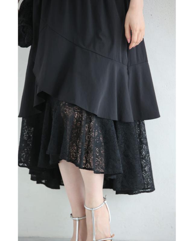 新作5月22日 （黒）ドレープレース揺らめく重なるランダム裾ミディアムスカート cawaii w61221ps S~L対応 ひざ下 変形 春 夏 おでかけ 旅行 パーティー 女子会 デート イベント お呼ばれ 軽やか レディース ファッション 大人 ママ ミセス 30代 40代 50代