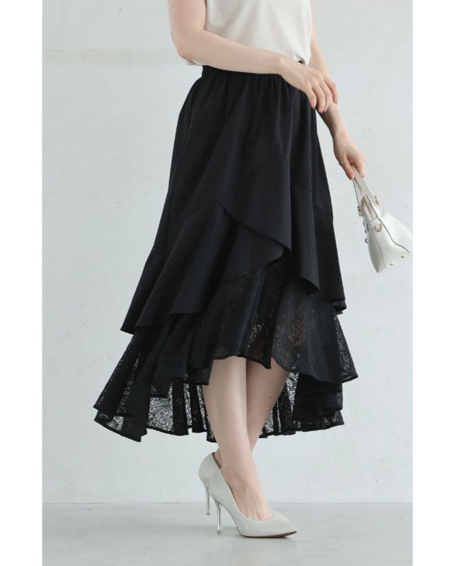 新作5月22日 （黒）ドレープレース揺らめく重なるランダム裾ミディアムスカート cawaii w61221ps S~L対応 ひざ下 変形 春 夏 おでかけ 旅行 パーティー 女子会 デート イベント お呼ばれ 軽やか レディース ファッション 大人 ママ ミセス 30代 40代 50代