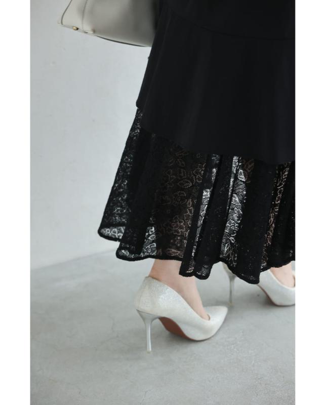 新作5月22日 （黒）ドレープレース揺らめく重なるランダム裾ミディアムスカート cawaii w61221ps S~L対応 ひざ下 変形 春 夏 おでかけ 旅行 パーティー 女子会 デート イベント お呼ばれ 軽やか レディース ファッション 大人 ママ ミセス 30代 40代 50代