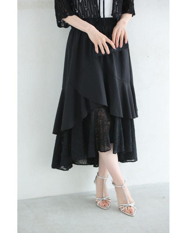 新作5月22日 （黒）ドレープレース揺らめく重なるランダム裾ミディアムスカート cawaii w61221ps S~L対応 ひざ下 変形 春 夏 おでかけ 旅行 パーティー 女子会 デート イベント お呼ばれ 軽やか レディース ファッション 大人 ママ ミセス 30代 40代 50代