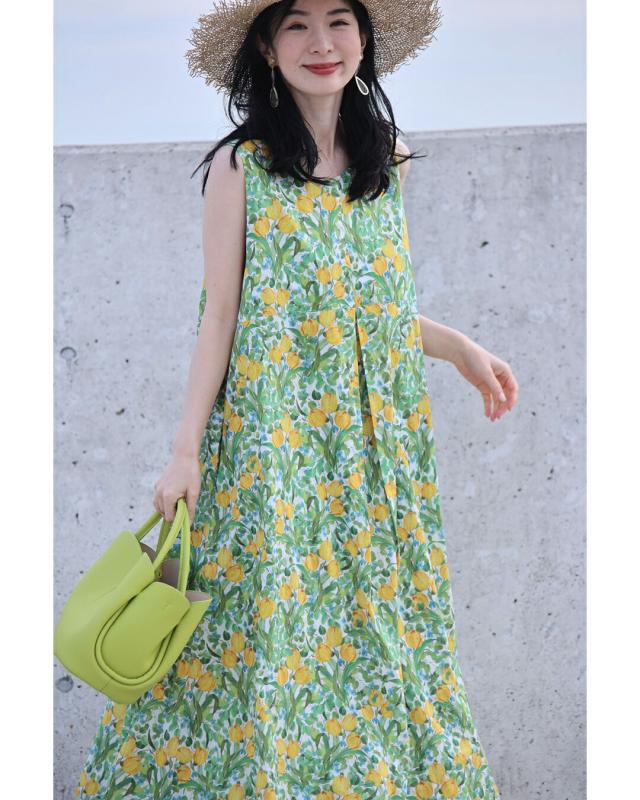 再入荷8月24日 春を告げるチューリップミディアムワンピース cawaii w61236ps 綿 コットン 花柄 グリーン イエロー おでかけ リゾート 旅行 女子会 体型カバー 春 夏 大人可愛い お洒落 レディース ファッション 大人 ミセス 30代 40代 50代 再入荷8月24日 春を告げるチューリップミディアムワンピース cawaii