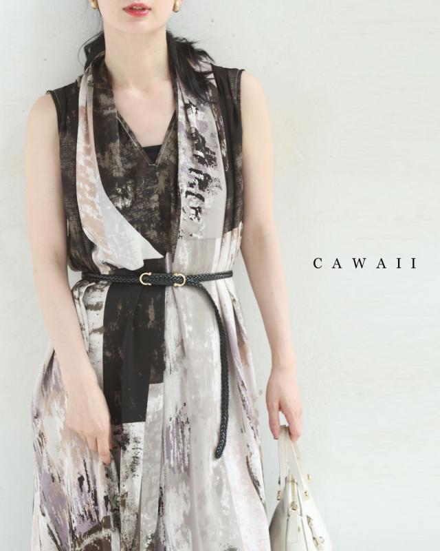 再入荷7月29日 ホルターネック風ドレープのモード柄ミディアムワンピース（ベルト付き） ホルターネック風 レディース ファッション 春 夏 着回し cawaii w61290ps グレー モード柄 日常使い キレイめ シンプル ミセス 30代 40代 50代