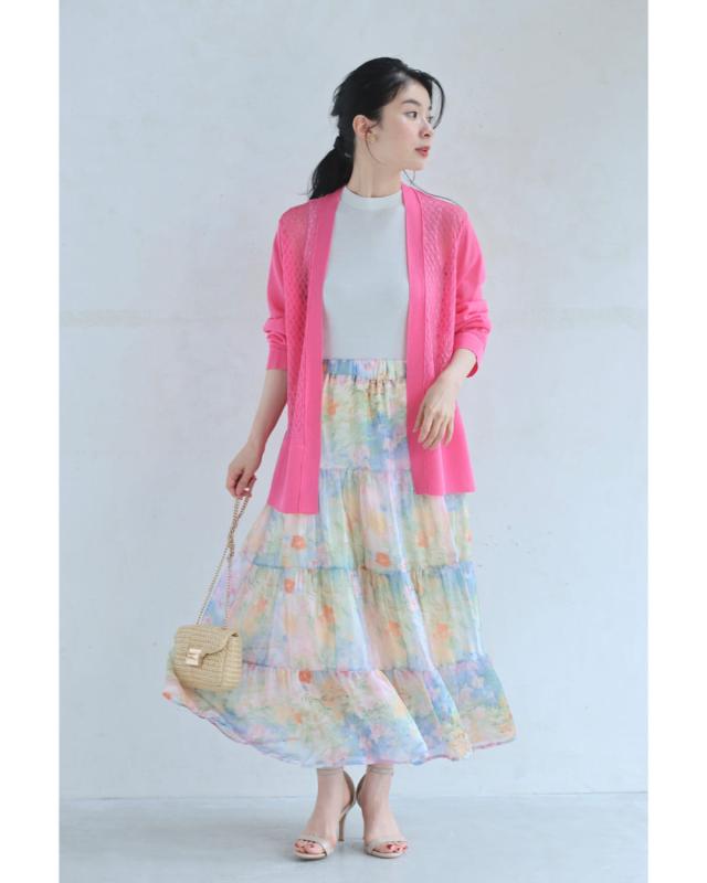 再入荷7月27日 伸びるレースの華やかピンクカーディガン cawaii w61294ps S~3L対応 羽織り 長袖 サマーニット 冷房対策 日除け 透け感 ピンク オシャレ 個性的 大人可愛い エレガント 上品 春服 春物 夏服 夏物 薄手 レディース ファッション ミセス 30代 40代 50代 再入荷7月27日 伸びるレースの華やかピンクカーディガン cawaii