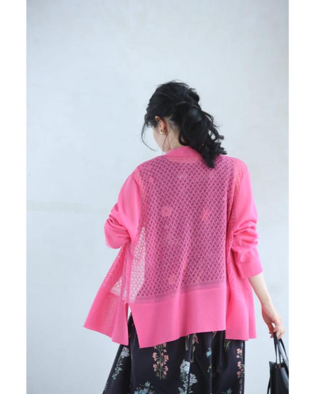 再入荷7月27日 伸びるレースの華やかピンクカーディガン cawaii