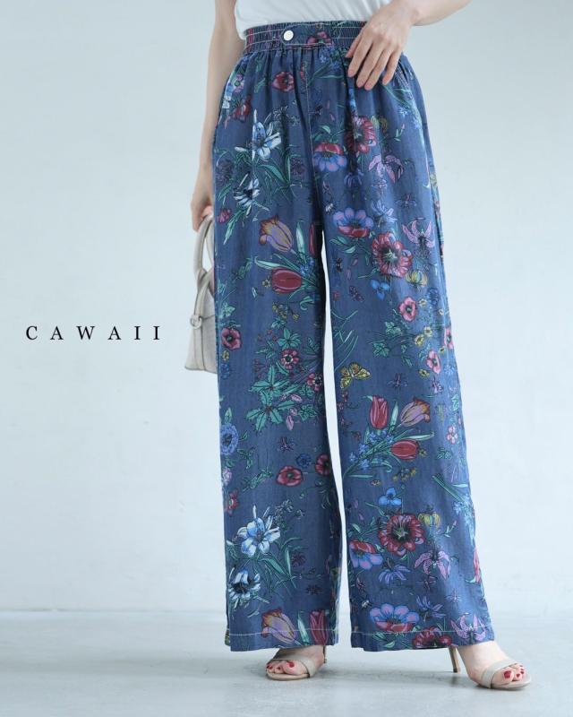 新作8月1日 色とりどりの花と息づく昆虫のくたっと柔らかワイドパンツ cawaii w61330ps S~L対応 ブルー 楽ちん 春 秋 夏 ヘビロテ ガーデン 植物 日常使い 個性的 お洒落 旅行 アウトドア レディース ファッション 大人 ママ ミセス 30代 40代 50代 60代