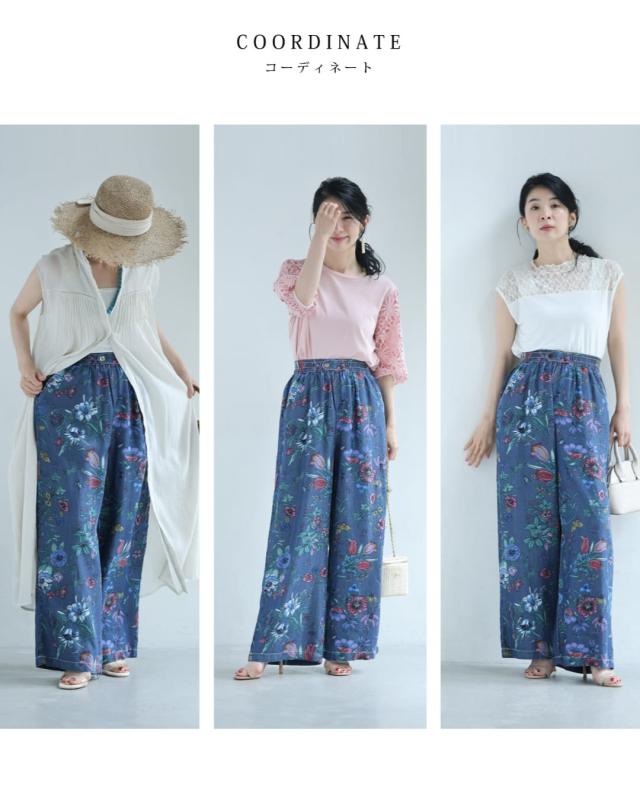 新作8月1日 色とりどりの花と息づく昆虫のくたっと柔らかワイドパンツ