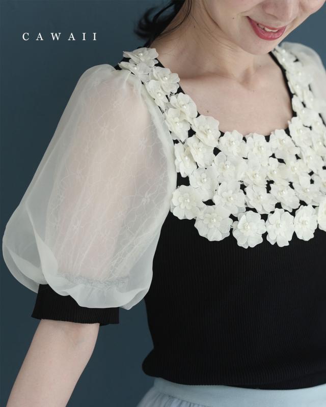 再入荷7月27日 （黒）花畑デコルテのシアーパフスリーブカットソートップス cawaii w61368ps S~M対応 オフィスカジュアル 会社 通勤 OL 旅行 女子会 デート イベント 食事会 装飾 花モチーフ 伸縮 春 夏 大人可愛い ポワン袖 レディース ファッション