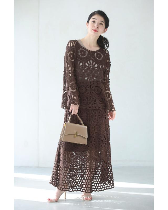 新作6月29日 柔らかなクロシェカットソーとスカートの2点セット【set