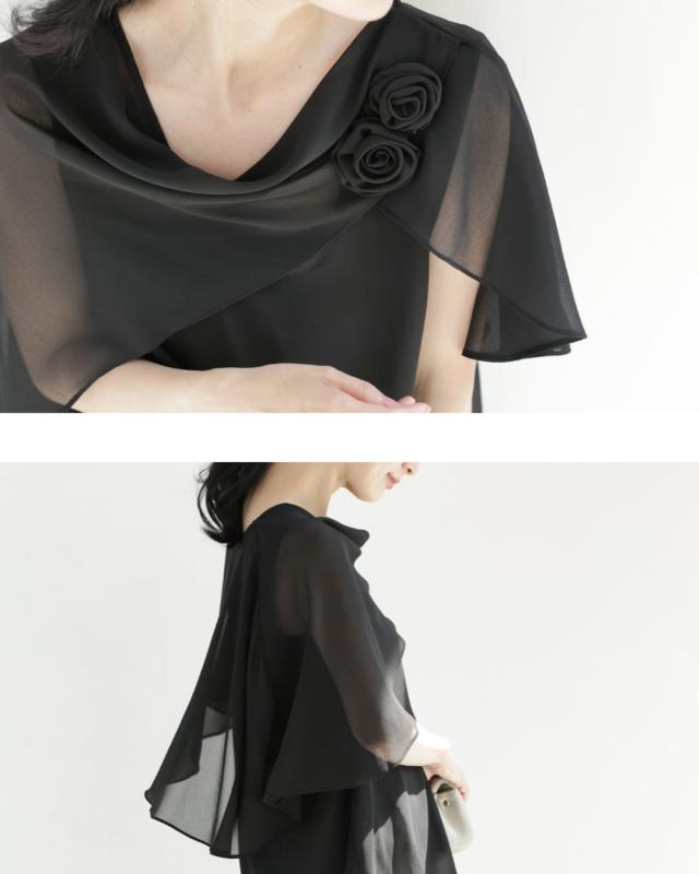 新作8月29日 （黒）肩にふわりショールベールの花咲くブラウストップス