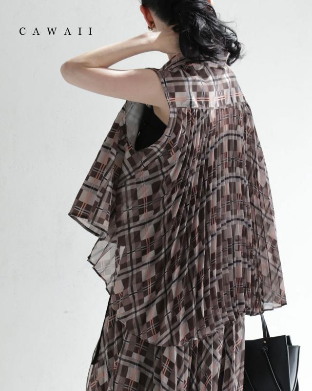 新作8月26日 広がるバックプリーツのチェックシャツトップス cawaii w61420ps S~3L対応 春 夏 ブラウン 大人可愛い お洒落 個性 日常使い おでかけ デザイン レディース ファッション 大人 ママ ミセス 30代 40代 50代