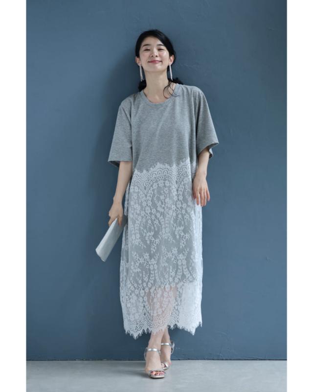 新作8月4日 重なる柔らかレースのTシャツミディアムワンピース cawaii w61433ps S~3L対応 半袖 伸縮性 体型カバー グレー オシャレ 個性的 大人可愛い エレガント 上品 春服 春物 夏服 夏物 薄手 レディース ファッション ミセス 30代 40代 50代 新作8月4日 重なる柔らかレースのTシャツミディアムワンピース cawaii