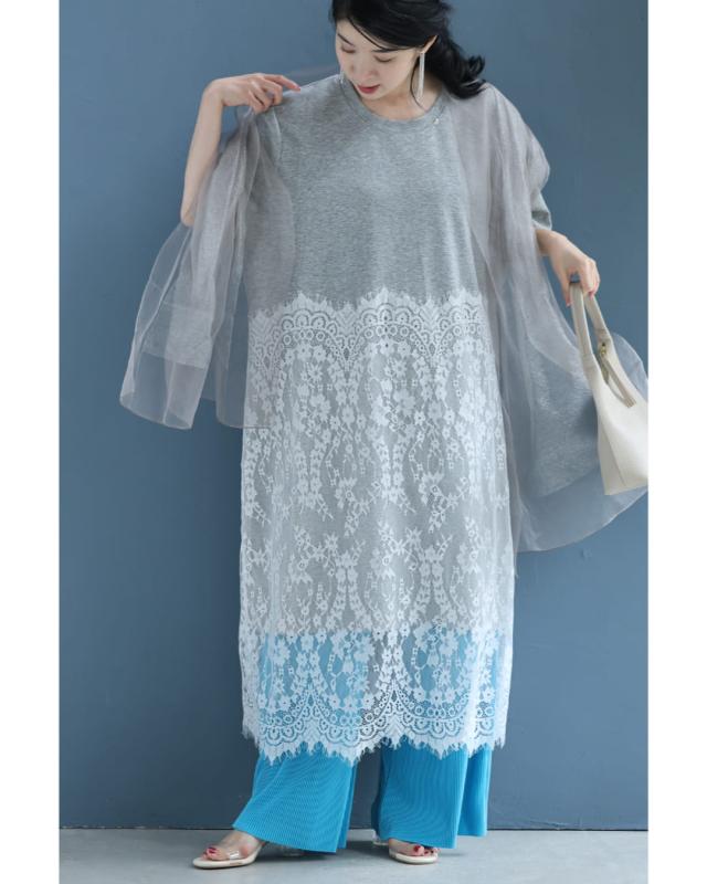 新作8月4日 重なる柔らかレースのTシャツミディアムワンピース cawaii w61433ps S~3L対応 半袖 伸縮性 体型カバー グレー オシャレ 個性的 大人可愛い エレガント 上品 春服 春物 夏服 夏物 薄手 レディース ファッション ミセス 30代 40代 50代 新作8月4日 重なる柔らかレースのTシャツミディアムワンピース cawaii