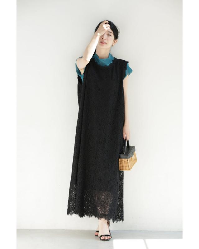 再入荷9月19日 （黒）スッキリIラインの総レースロングワンピース