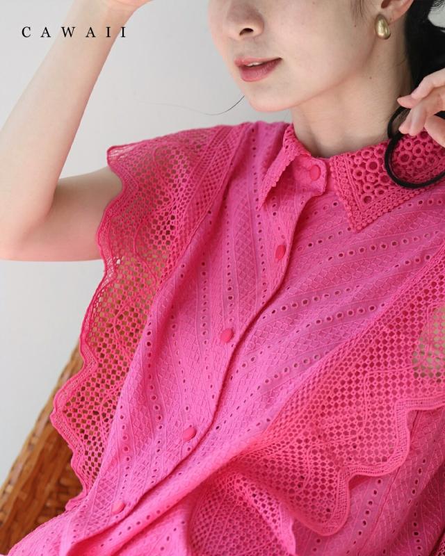 新作8月16日 ビビッドピンクのスカラップレースブラウストップス トップス ブラウス レディース ファッション 春服 夏服 スカラップレース ノースリーブ cawaii w61441ps S~L対応 ピンク 日常使い キレイめ シンプル ミセス 30代 40代 50代