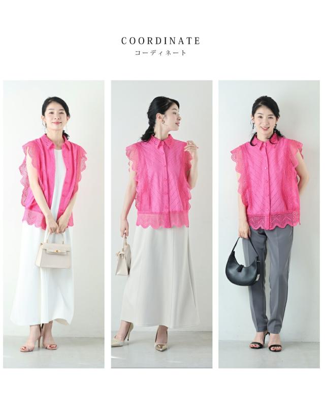 新作8月16日 ビビッドピンクのスカラップレースブラウストップス