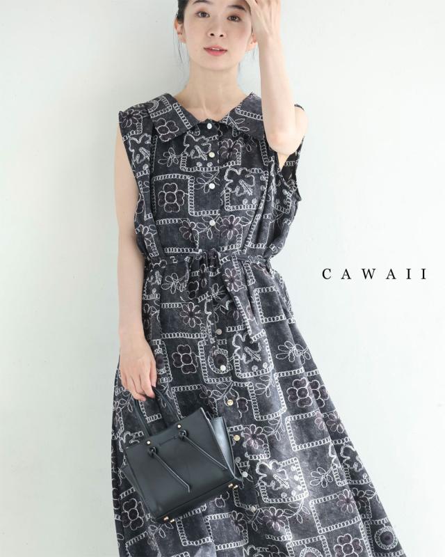 再入荷9月5日 ゆったり心地よい刺繍風プリントのロングワンピース（紐リボン付き）cawaii w61476ps S~3L対応 ノースリ 総柄 ブラック オシャレ 個性的 大人可愛い エレガント 上品 春 夏 薄手 レディース ファッション 30代 40代 50代