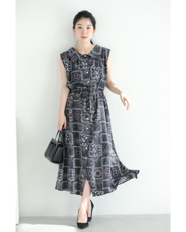再入荷8月9日 ゆったり心地よい刺繍風プリントのロングワンピース（紐