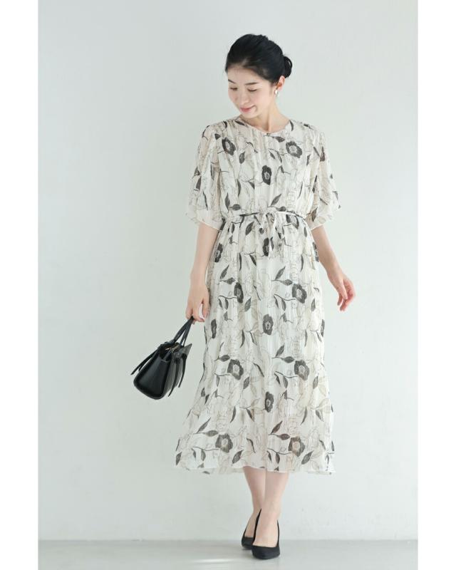 新作8月15日 花を描くデッサン画シアーミディアムワンピース（紐ベルト
