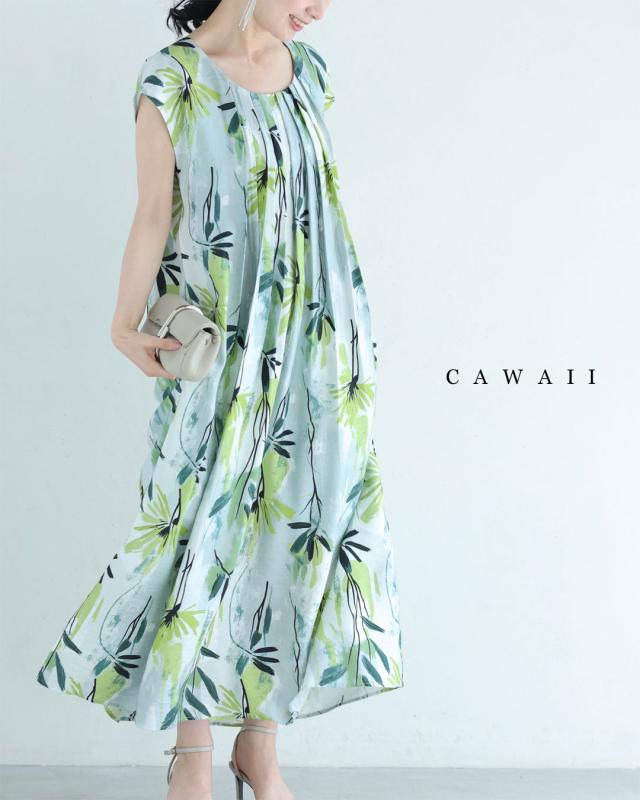 新作8月22日 涼しさ舞い込むグリーンアートロングワンピース（リボン付き） cawaii w61488ps S~2L対応 体型カバー 春 夏 涼感性 大人可愛い デイリー おでかけ リゾート 旅行 デート レディース ファッション 大人 ママ ミセス 30代 40代 50代 60代