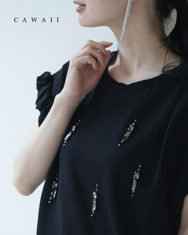 新作8月30日 黒 くしゅくしゅ袖のデコレーションビジューカットソートップス cawaii w61489ps S~2L対応 装飾 袖フリル ブラック オシャレ 個性的 大人可愛い エレガント 上品 春服 春物 夏服 夏物 薄手 レディース ファッション ミセス 30代 40代 50代