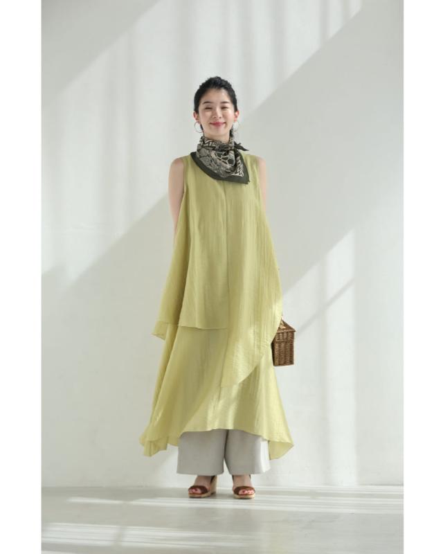 新作8月13日 アシンメトリーに重なるフレアの涼やかミディアムワンピース（紐ベルト付き）cawaii w61492ps S~2L対応 ノースリ ふんわり イエロー オシャレ 個性的 大人可愛い エレガント 上品 春服 春物 夏服 夏物 薄手 レディース ファッション ミセス 30代 40代 50代 新作8月13日 アシンメトリーに重なるフレアの涼やかミディアム