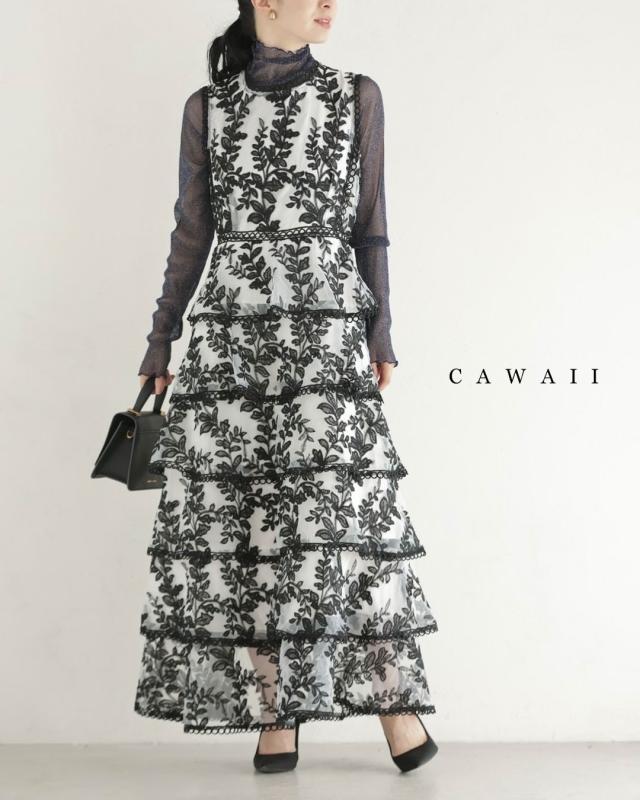 新作9月7日 リーフ刺繍の段フレアオーガンジーロングワンピース cawaii w61496ps S~L対応 ノースリ 重ね着 華やか 総柄 ブラック オシャレ 個性的 大人可愛い エレガント 上品 春 夏服 夏物 秋服 秋物 レディース ファッション ミセス 30代 40代 50代