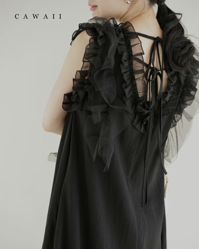 新作8月31日 （黒）デコレーションチュールのバックリボンミディアムワンピース cawaii w61519ps S~M対応 ノースリ フリル ボリューム ブラック オシャレ 個性的 大人可愛い エレガント 上品 春服 春物 夏服 夏物 薄手 レディース ファッション ミセス 30代 40代 50代