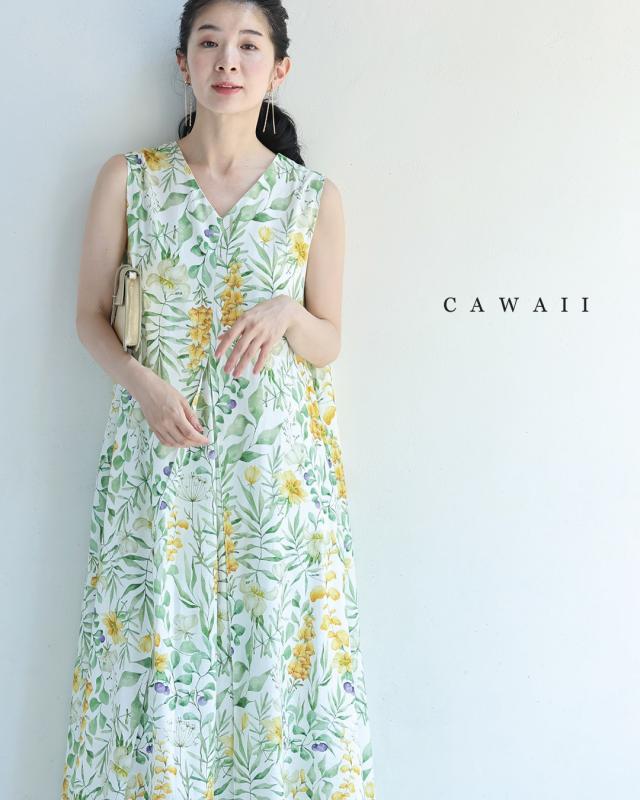 新作8月10日 花々の美しさ広がるロングワンピース cawaii w61527ps S~L対応 ノースリ Vネック タック ボタニカル柄 ホワイト オシャレ 個性的 大人可愛い エレガント 上品 春服 春物 夏服 夏物 薄手 体型カバー レディース ファッション ミセス 30代 40代 50代