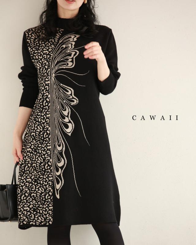再入荷11月29日 （黒）アニマル柄とビジュー纏う蝶々のハーフニットミニワンピース ミニワンピース ニットワンピース レディース ファッション 秋服 冬服 着回し 蝶 アニマル レオパード cawaii w61583ps S~L対応 ブラック 日常使い キレイめ シンプル ミセス 30代 40代 50代