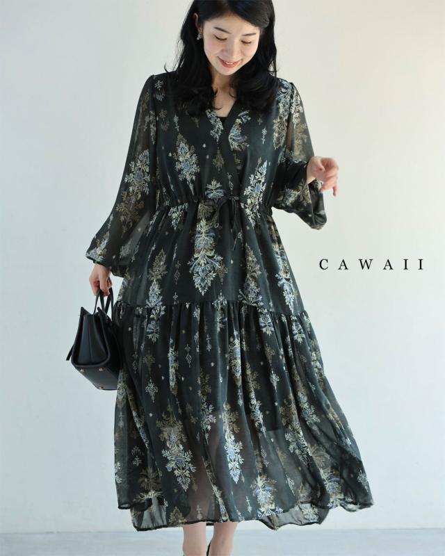 再入荷10月19日 降り注ぐエレガントな華装飾ミディアムワンピース cawaii w61598ps S~M対応 クラシカル シアー 大人女子 カシュクール シフォン シック ティアード レディース ファッション 大人 ママ ミセス 30代 40代 50代 60代