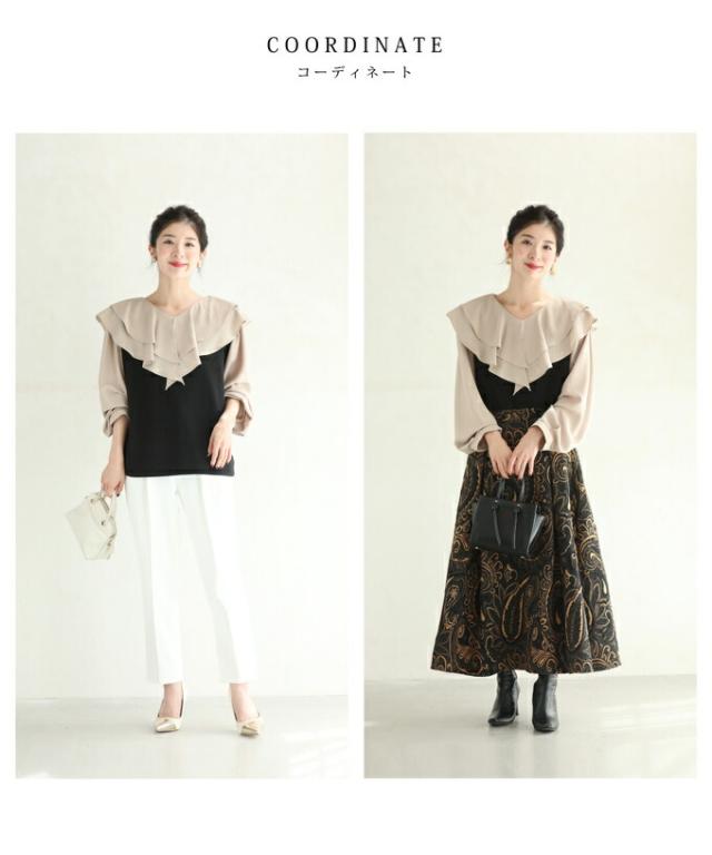 再入荷12月1日 （S~2L対応）（黒）ビッグフリルカラーの異素材合わせ