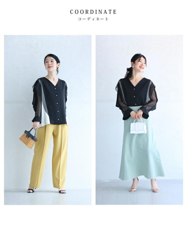 再入荷6月4日 フリル流れるシアーストライプ袖のバイカラーブラウストップス トップス ブラウス レディース ファッション 秋服 春服 着回し cawaii wkg00641 S~2L対応 ブラック シアー ストライプ 日常使い キレイめ シンプル ミセス 30代 40代 50代 再入荷6月4日 フリル流れるシアーストライプ袖のバイカラーブラウス