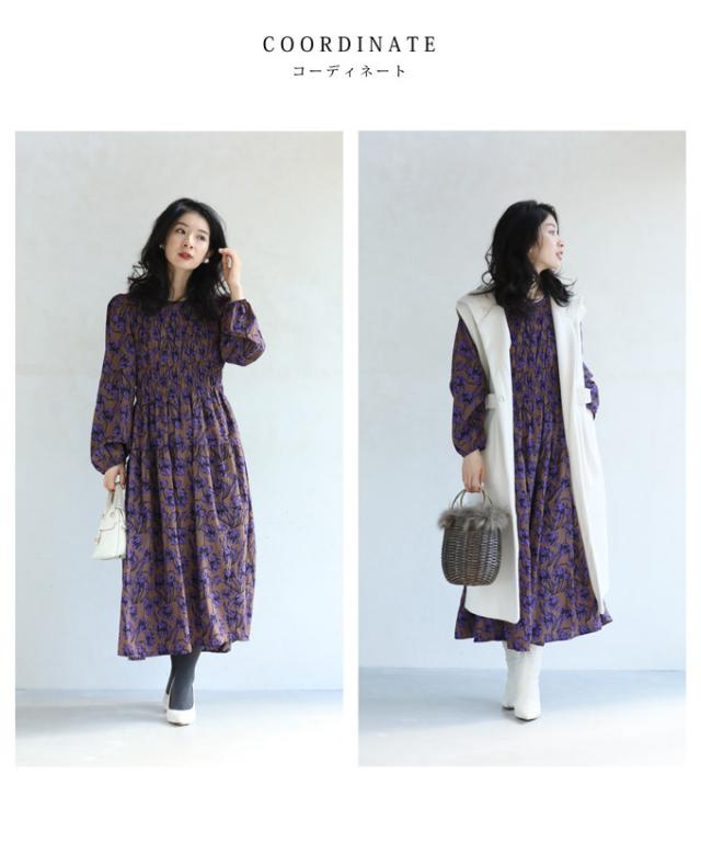 再入荷9月4日 凛と咲く 紫花 シャーリング ミディアム ワンピース 長袖