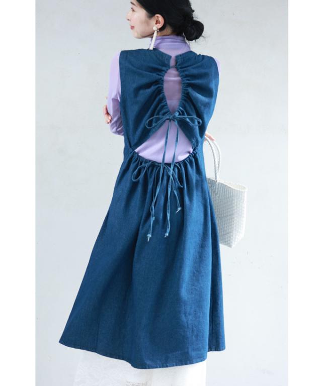 バックオープンのデニム調ミディアムワンピース cawaii wkj00025 S~L