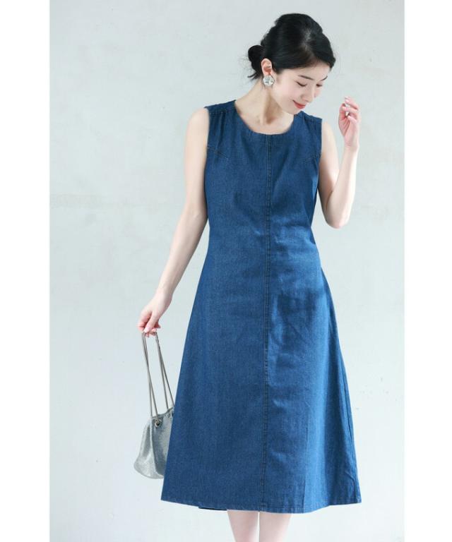 バックオープンのデニム調ミディアムワンピース cawaii wkj00025 S~L対応 ノースリ 春服 春物 夏 夏服 夏物 ブルー エレガント 日常使い おでかけ 休日 大人可愛い デニム レディース ファッション ミセス 30代 40代 50代 母の日 バックオープンのデニム調ミディアムワンピース cawaii wkj00025 S~L