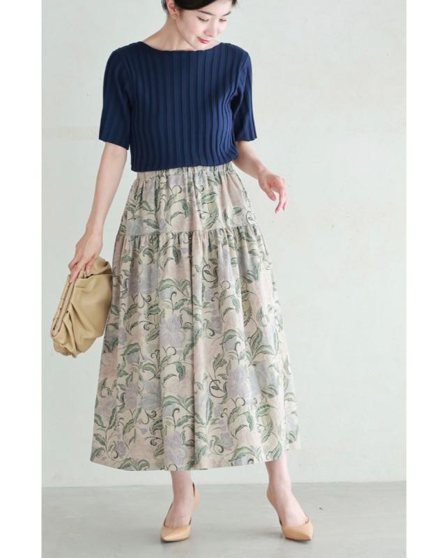 再入荷2月9日 舞うような淡色花の切り替えミディアムスカート cawaii wkj00086 S~L対応 涼しい 春 秋 夏 カーキ 柄 総柄 花 体型カバー 日常使い おでかけ ティアード エレガント エレガント 大人可愛い レディース ファッション 大人 ママ ミセス 30代 40代 50代の通販は