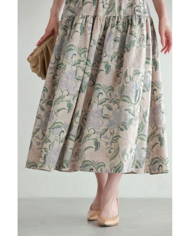 再入荷2月9日 舞うような淡色花の切り替えミディアムスカート cawaii wkj00086 S~L対応 涼しい 春 秋 夏 カーキ 柄 総柄 花 体型カバー 日常使い おでかけ ティアード エレガント エレガント 大人可愛い レディース ファッション 大人 ママ ミセス 30代 40代 50代の通販は