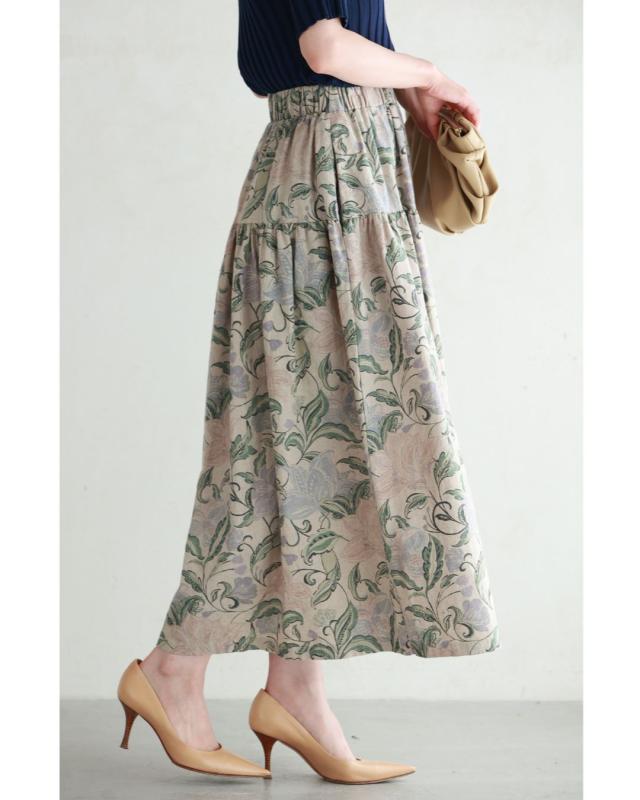 再入荷2月9日 舞うような淡色花の切り替えミディアムスカート cawaii wkj00086 S~L対応 涼しい 春 秋 夏 カーキ 柄 総柄 花 体型カバー 日常使い おでかけ ティアード エレガント エレガント 大人可愛い レディース ファッション 大人 ママ ミセス 30代 40代 50代の通販は